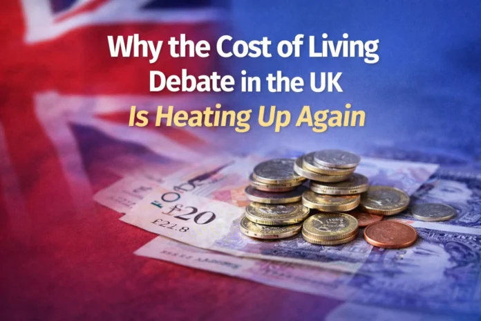 Cost of living debate in the UK with pound notes and coins