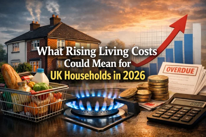 Illustration showing rising living costs in the UK with a house, grocery basket, gas stove, bills, and an upward chart representing higher household expenses in 2026.