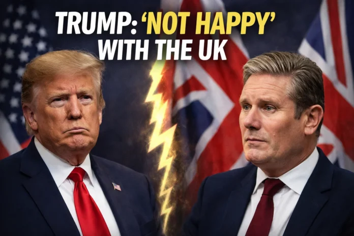 Donald Trump and Keir Starmer pictured against US and UK flags in a political news graphic about Trump’s comments on the United Kingdom.