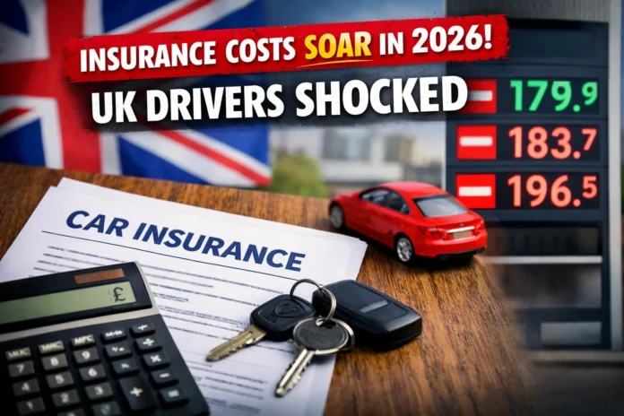 UK drivers shocked by rising car insurance prices in 2026 with calculator, car keys and insurance document