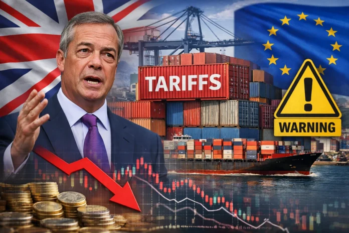 Nigel Farage with UK and EU flags, shipping containers labeled tariffs, and economic decline graph illustrating potential UK-EU trade tensions over immigration policy.