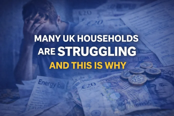 UK households struggling with rising cost of living showing bills, UK currency and financial pressure concept in 2026