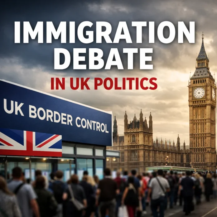 Immigration debate in UK politics showing border control sign, crowd of people, and Big Ben in London