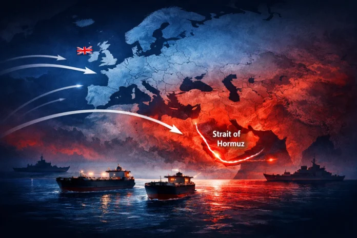 UK distancing from Iran conflict as tensions rise around the Strait of Hormuz shipping route affecting global oil trade.