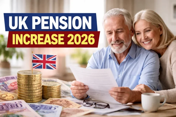 UK pension increase 2026 illustration showing elderly couple reviewing finances with UK currency and pension update concept