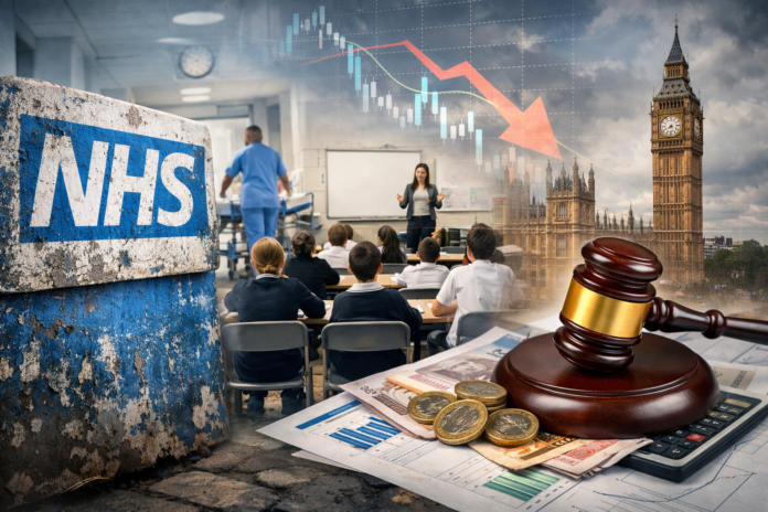 NHS hospital sign, UK classroom and financial charts illustrating pressure on British public services and government spending challenges