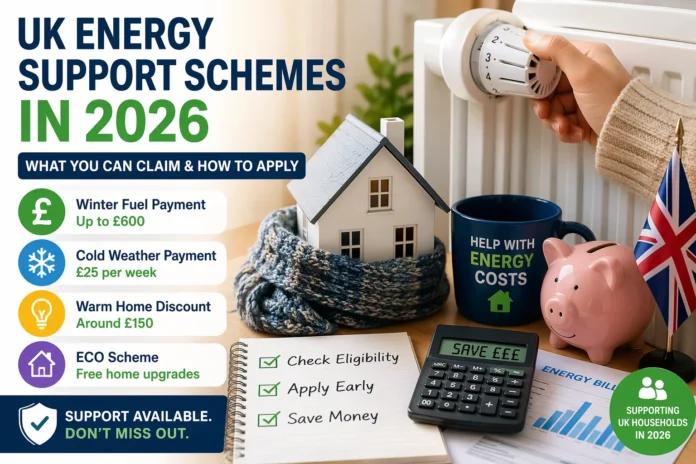 UK energy support schemes 2026 including winter fuel payment, warm home discount and help with energy bills