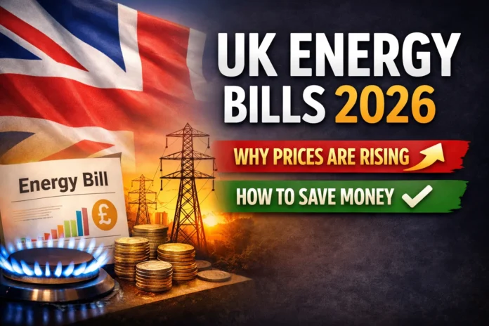 UK energy bills 2026 rising prices with gas stove, UK flag and tips to save money