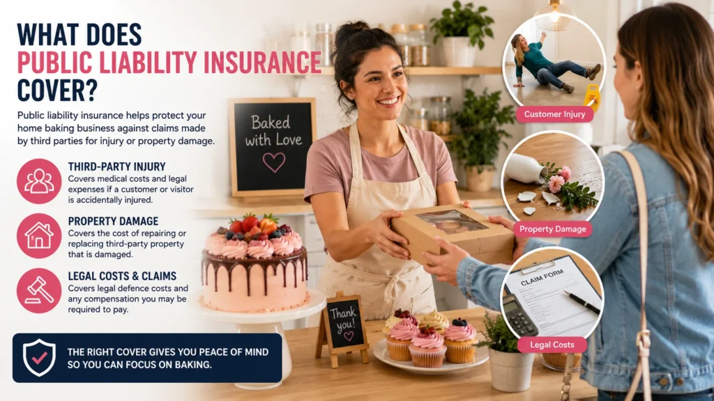 Public liability insurance coverage for a home baking business including third-party injury, property damage, and legal costs